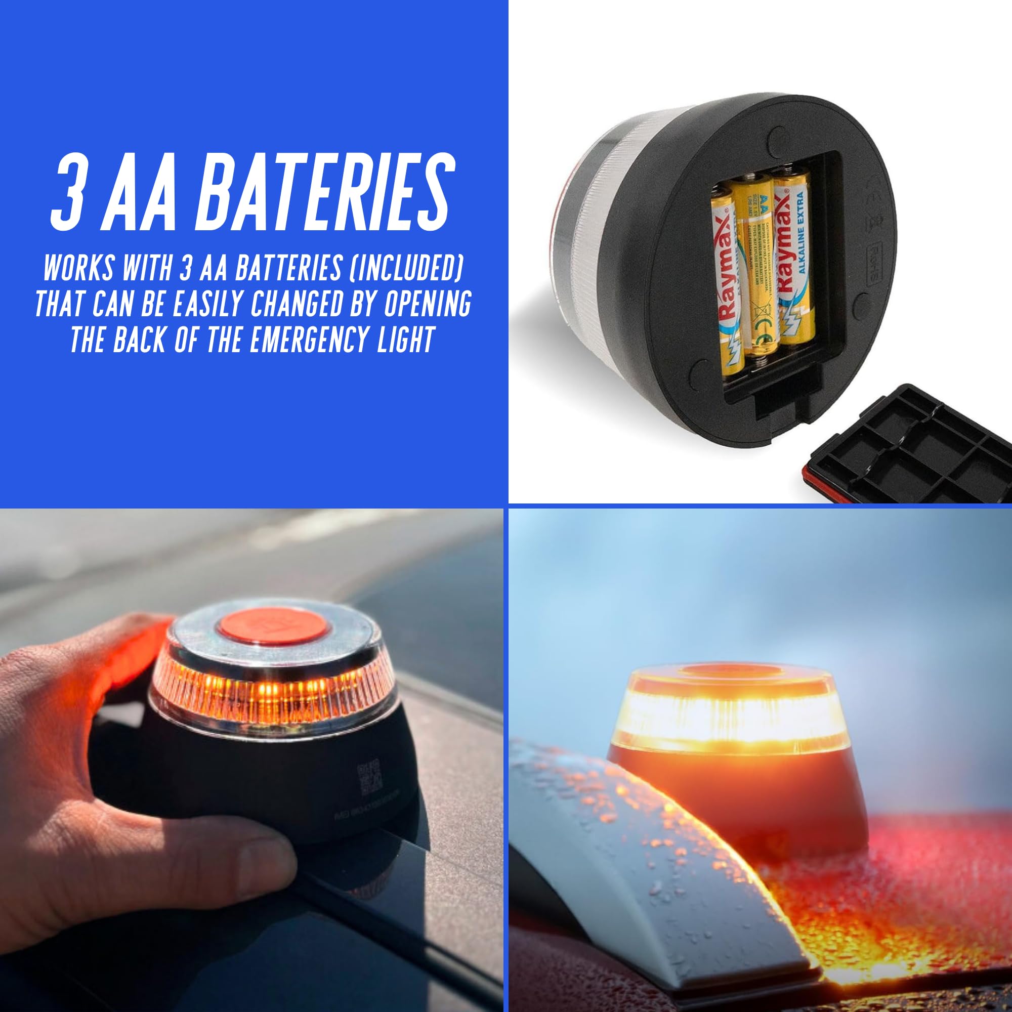 MAGIC SELECT 4X Luz Emergencia V16 Homologada por DGT con Geolocalización para Señalización en Carretera de Vehículo, Coche y Moto. Base Imantada, 3 Pilas AA Incluidas.