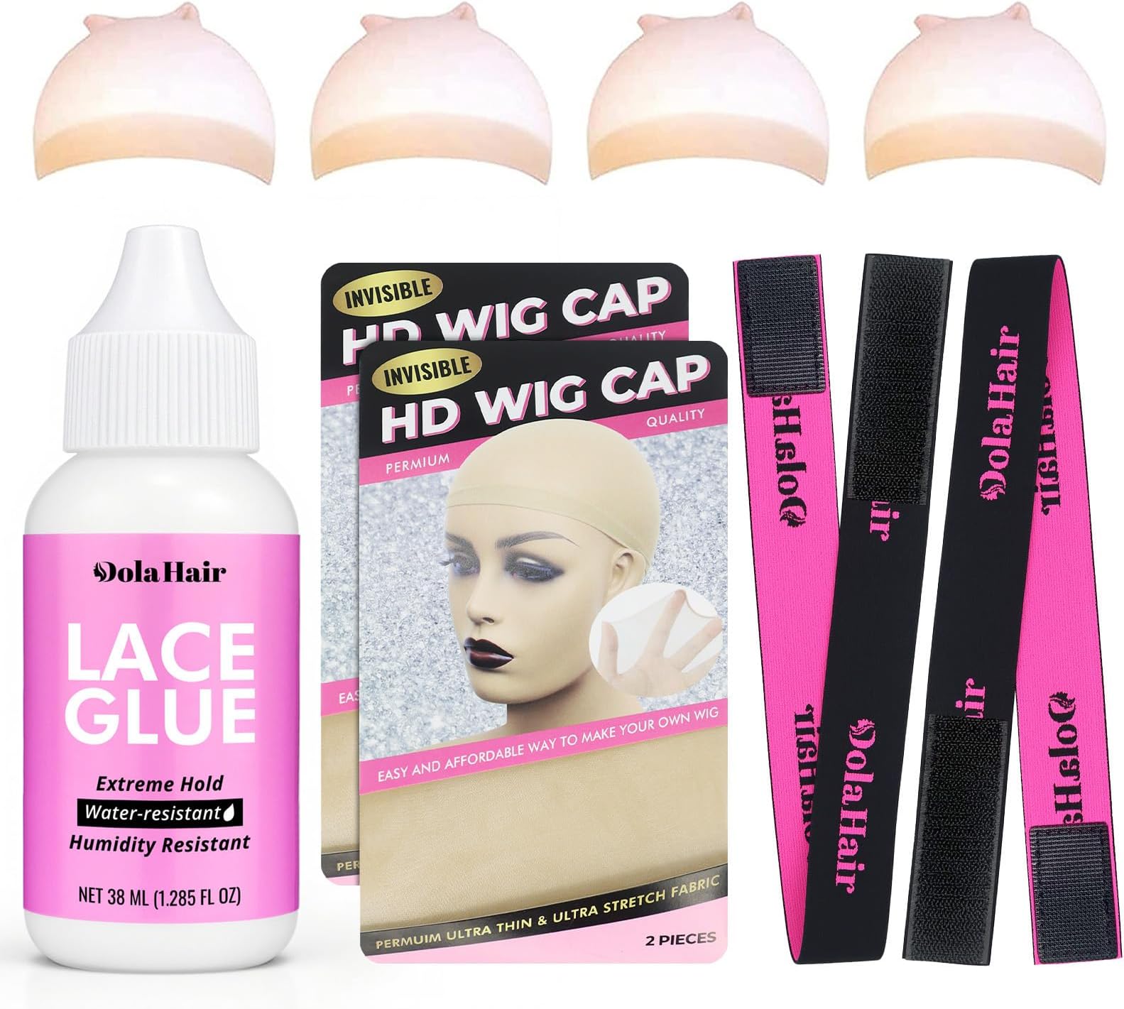 Dolahair Lace Glue, 1.3 Ounce, Waterproof, Extreme Hold, Invisible Bonding for Wigs & Hair Systems, Includes 2 Elastic Bands