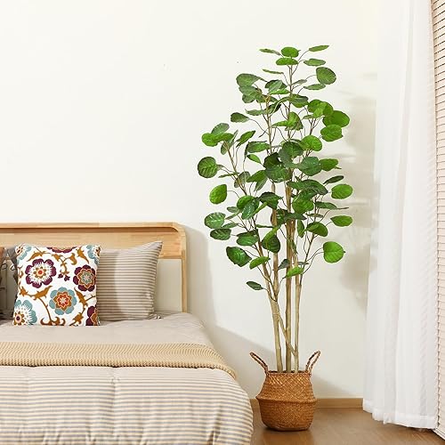 Miniatura 2 de Kazeila Paquete de 2 árboles artificiales de Aralia Balfour, planta vegetación falsa, viene con cesta tejida de hierba marina, decoración moderna