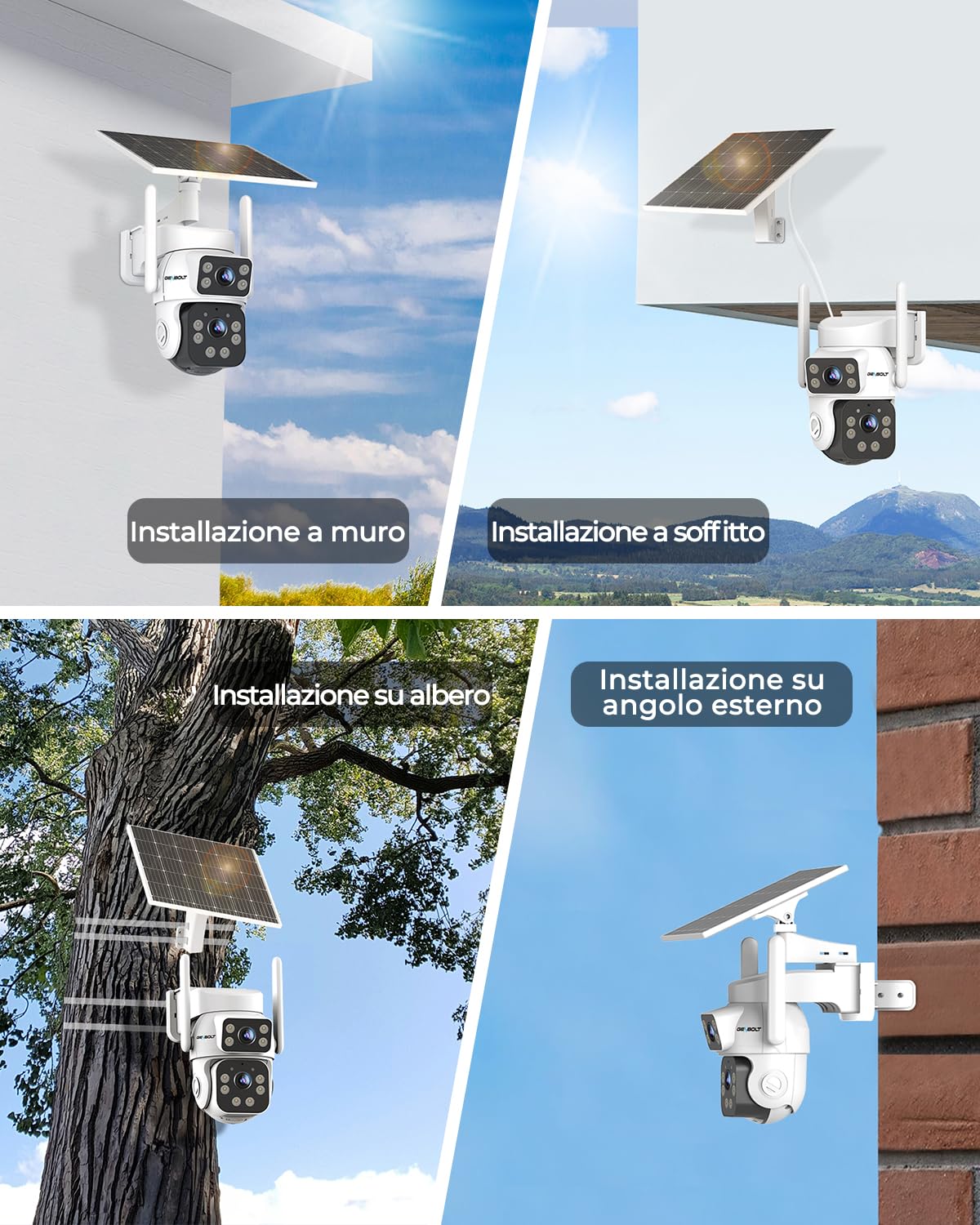 GENBOLT 2K AOV Telecamera Wi-Fi Solare Esterno Senza Fili Sicurezza Esterni | Doppio Obiettivo 3MP*2,Registrazione 7/24,CCTV Camera con Pannello Solare 8W 14400mAh,Videocamera Sorveglianza, IP66,2.4&5GHz