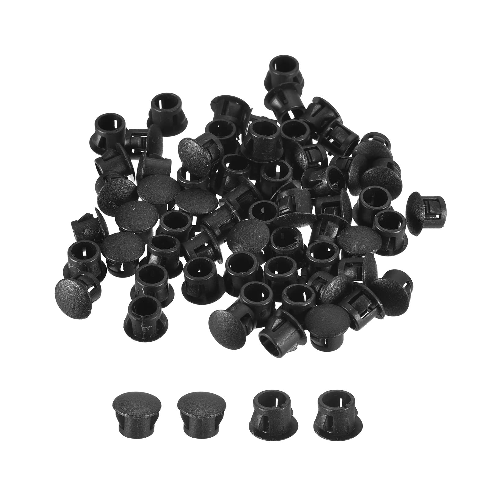 uxcell 5/16" Plastic Hole Plugs, 110Pcs Flush Type Panel Round Snap in Fastener Knockout Locking Plugs for Furniture Insert End Caps Panels, Black