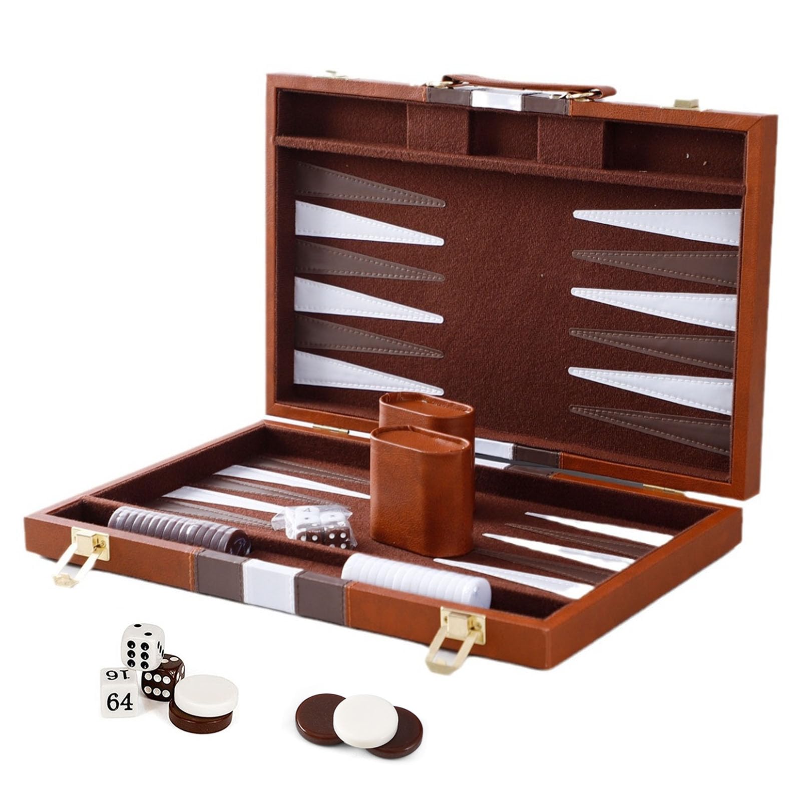 15 Inch Travel Backgammon Set, Deluxe Leather Case Board Game for Adults and Children, Portable Travel Backgammon, Backgammons Set with Dice Cup and Board Game Pieces (Brown)