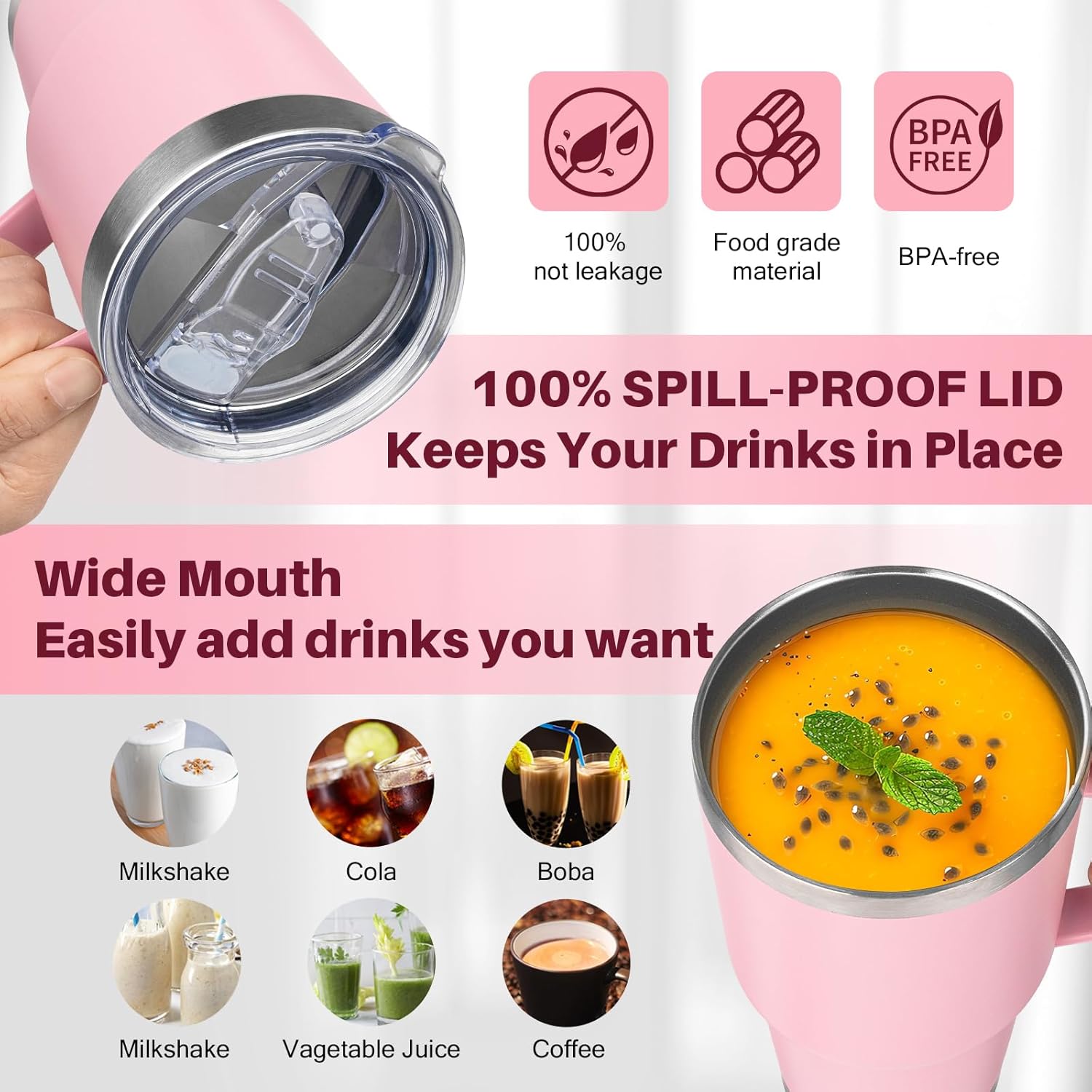 30 oz Stainless Steel Tumbler with Handle, Double Wall Vacuum Insulated Coffee Mug Tumbler with Lid and Straw, Thermal Cup for Cold and Hot (Pink) - Image 4