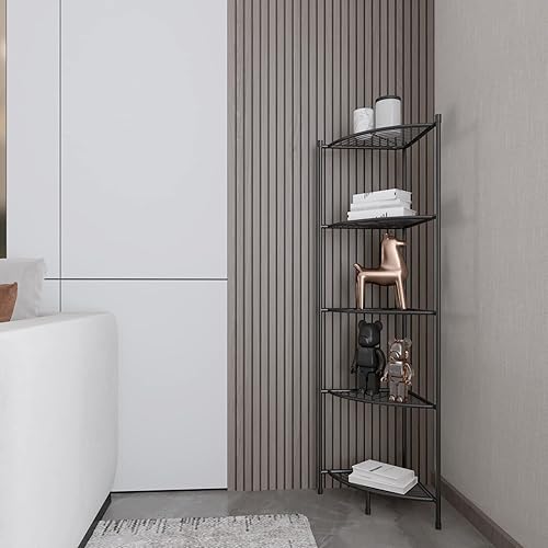 Miniatura 4 de L&H UNICO Estantería de alambre de esquina de 5 niveles para torre de spa, estante de almacenamiento multiusos para ahorrar espacio, color negro