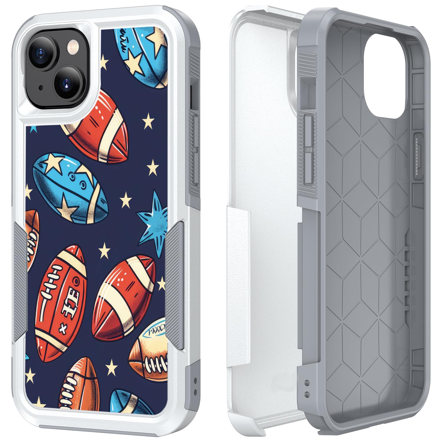 Case for iPhone 15 US Football Pattern Shock-Absorption Hard PC and Silicone Hybrid Dual Layer Armor Defender Case