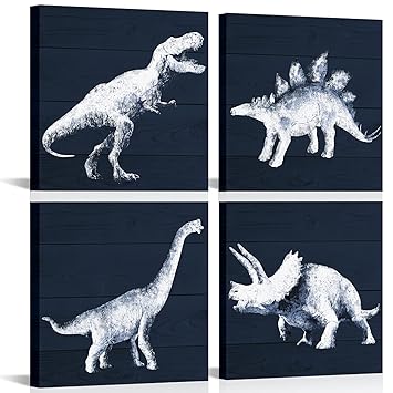HOMEOART Dinosaur Boys Room Decor Navy Blue Dinosaur Poster Dinosaur Wall Art Nursery Kids Bedroom Wall Decor Framed Ready to Hang,12x12inchx4Panels