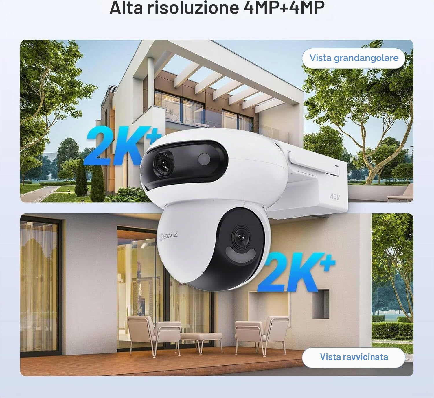 EZVIZ HB90x Smart Outdoor Security Camera, 2K Dual Lens Angolo 360°, 10.400mAh Funzionamento a Batteria, con Pannello Solare, Monitoraggio Continuo Senza WiFi, Visione Notturna a Colori