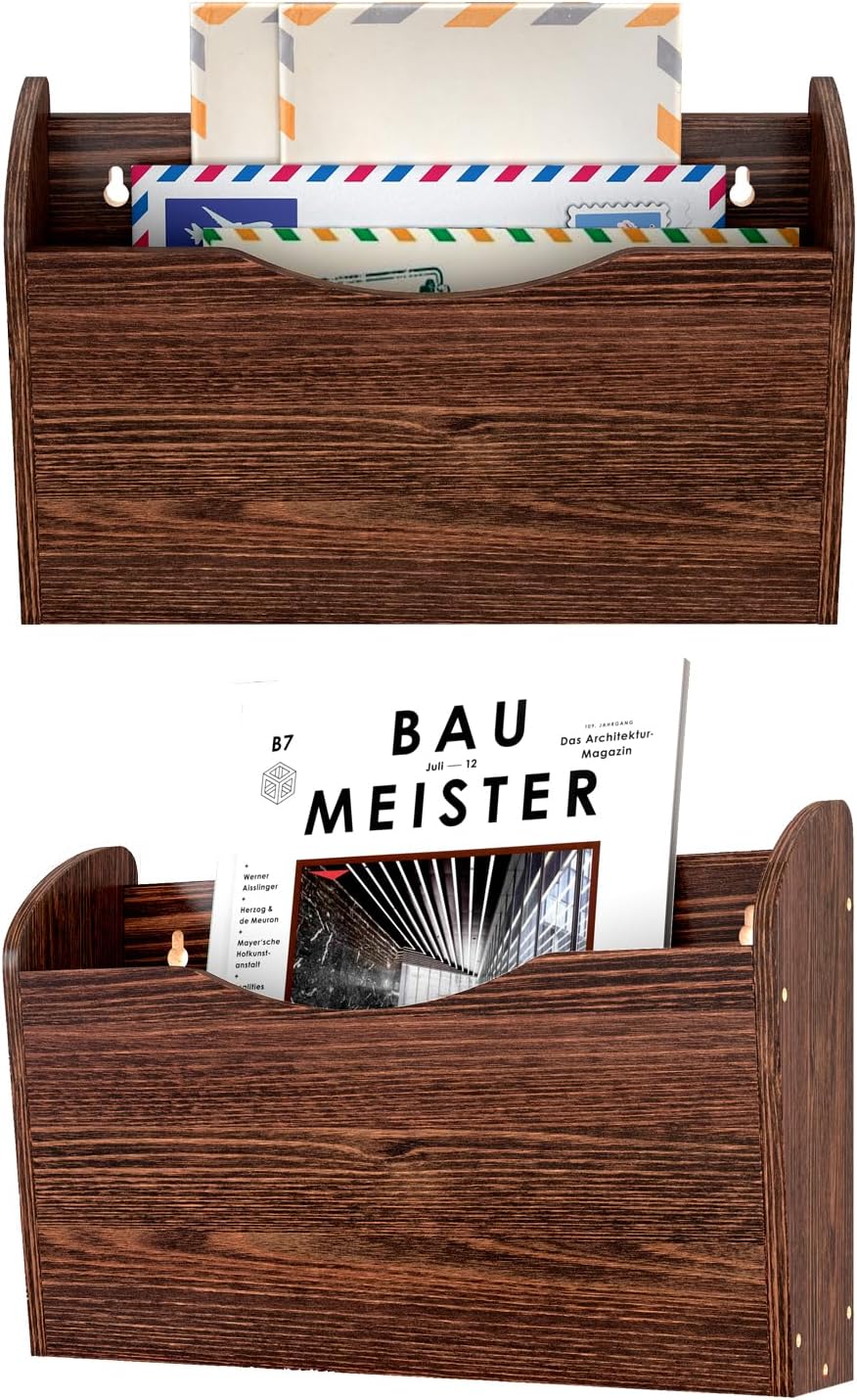 2 Pockets Hanging Wall File Organiser, Wood Mail Organiser Wall Mounted Magazine File Holder, Mail Holder Keep Office Home Tidy, Wooden Paper Organizer, Brown