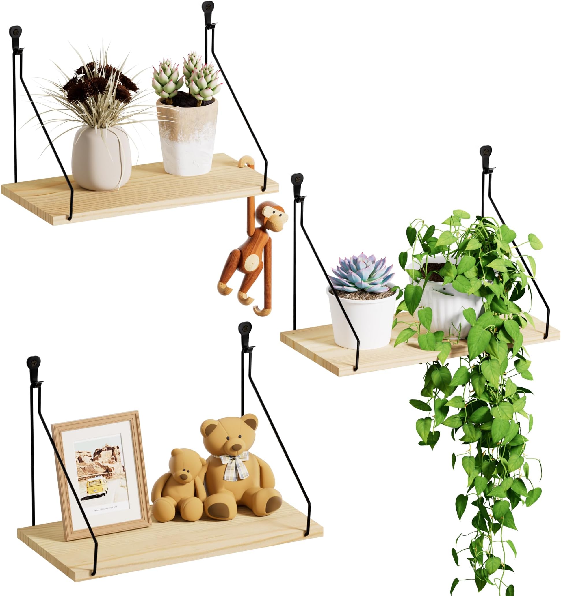 QsQueen Elevate Your Space with Rustic Wood Floating Shelves Set of 3- Perfect for Bedroom, Living Room, Bathroom, and Kitchen Decor - Easy Installation, No Drilling Needed!