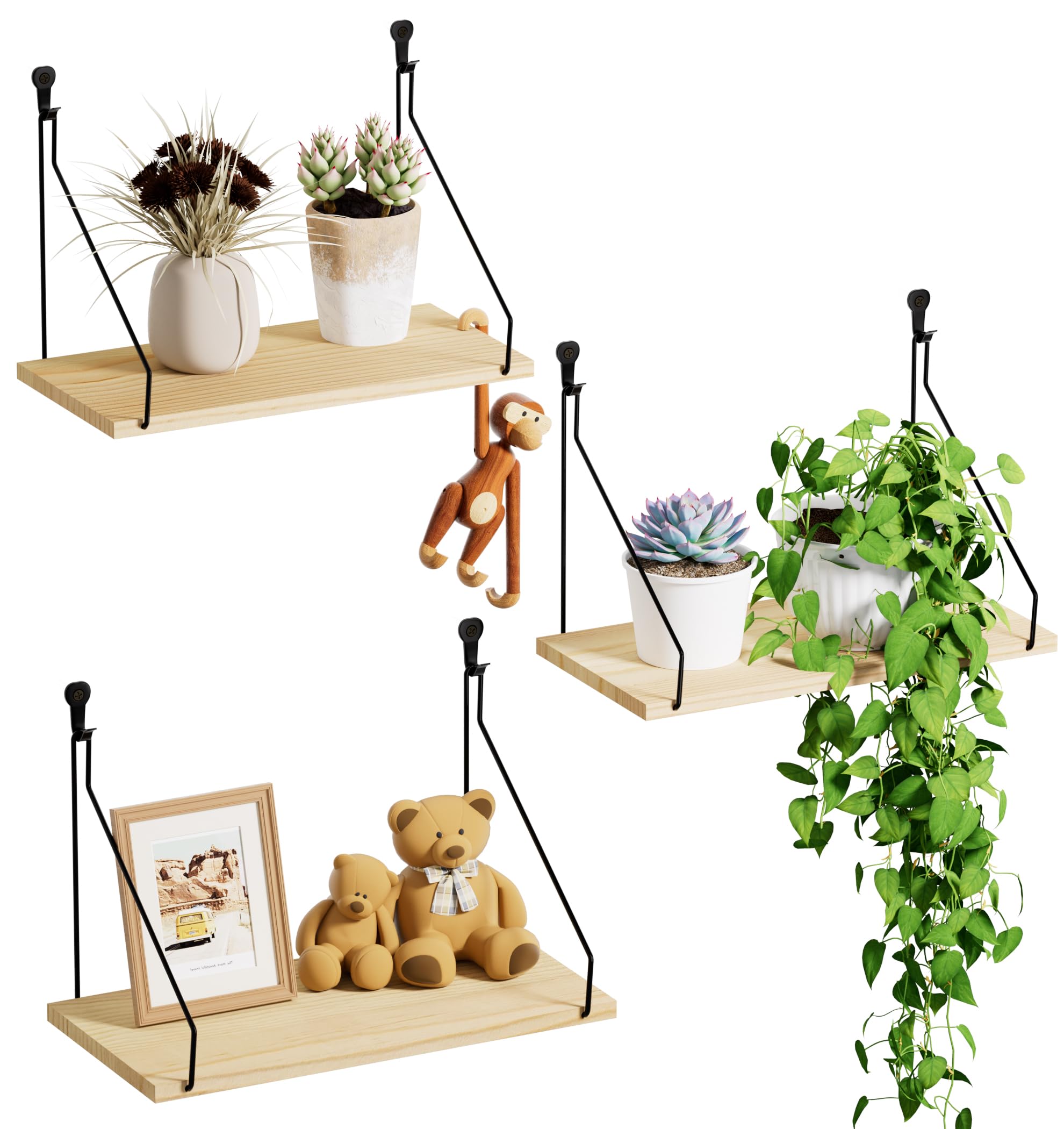 Elevate Your Space with Rustic Wood Floating Shelves Set of 3- Perfect for Bedroom, Living Room, Bathroom, and Kitchen Decor - Easy Installation, No Drilling Needed!