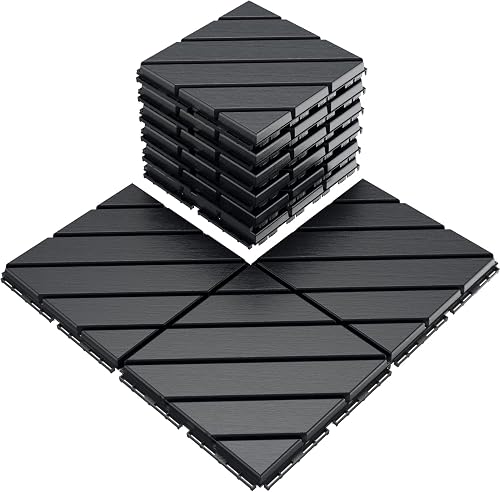 VANCASTLE 9 Pack Interlocking Deck Tiles, 12"x12" Patio Pavers, Heavy Duty Plastic Outdoor Flooring with Drainage, Waterproof Non-Slip Snap-Together Tiles for Balcony, Poolside, Garage, Dark Grey