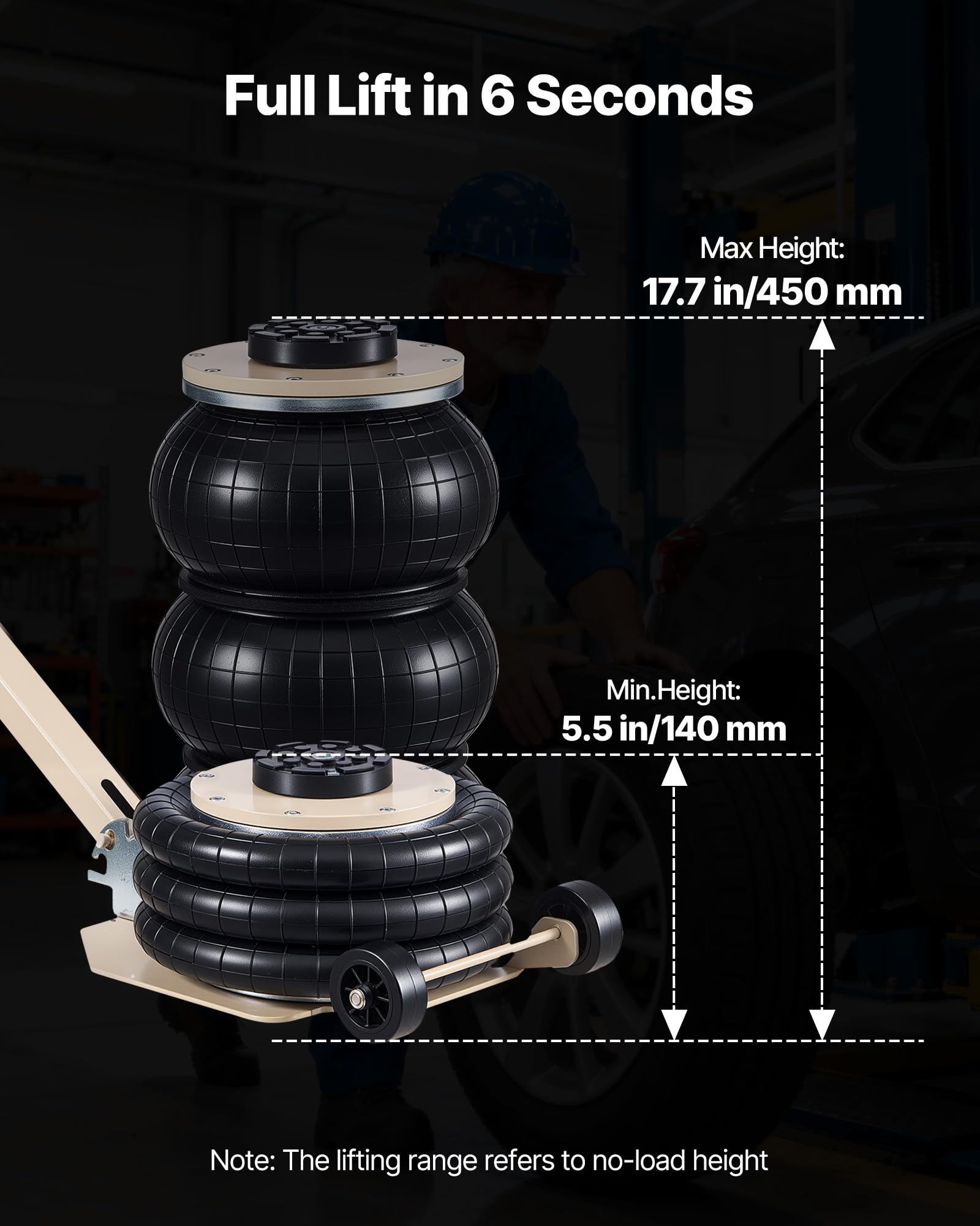 VEVOR Gato Neumático para Coches 3 T, con 6 Tubos de Acero y Manivela Ajustable, Altura de Elevación 140 a 450 mm, para Cambios de Neumáticos y Reparaciones de Vehículo, 1100 x 268 x 140–450 mm
