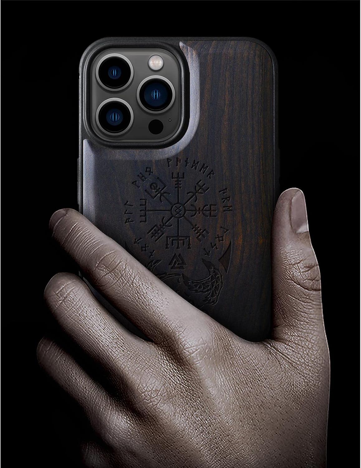 Carveit Magnetic Wood Case for iPhone 13 Pro Case [Natural Wood & Soft TPU] Unique & Classy Wooden Shockproof Protective Cover Compatible with MagSafe (Viking Compass Vegvisir-Blackwood)