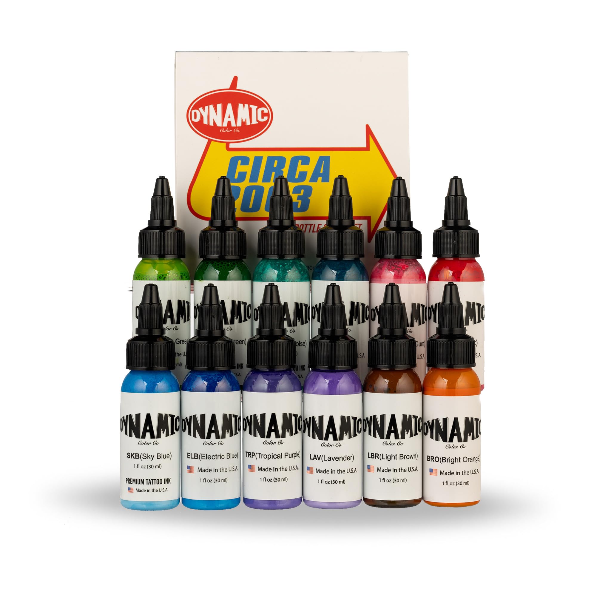 Dynamic Color Co - Circa Color Set 1oz Includes: Electric Blue, Sky Blue, Teal, Turquoise, Bright Orange, Light Brown, Lyme Green, Leaf Green, Tropical Purple, Lavender, Hot Pink, Bubble Gum Pink