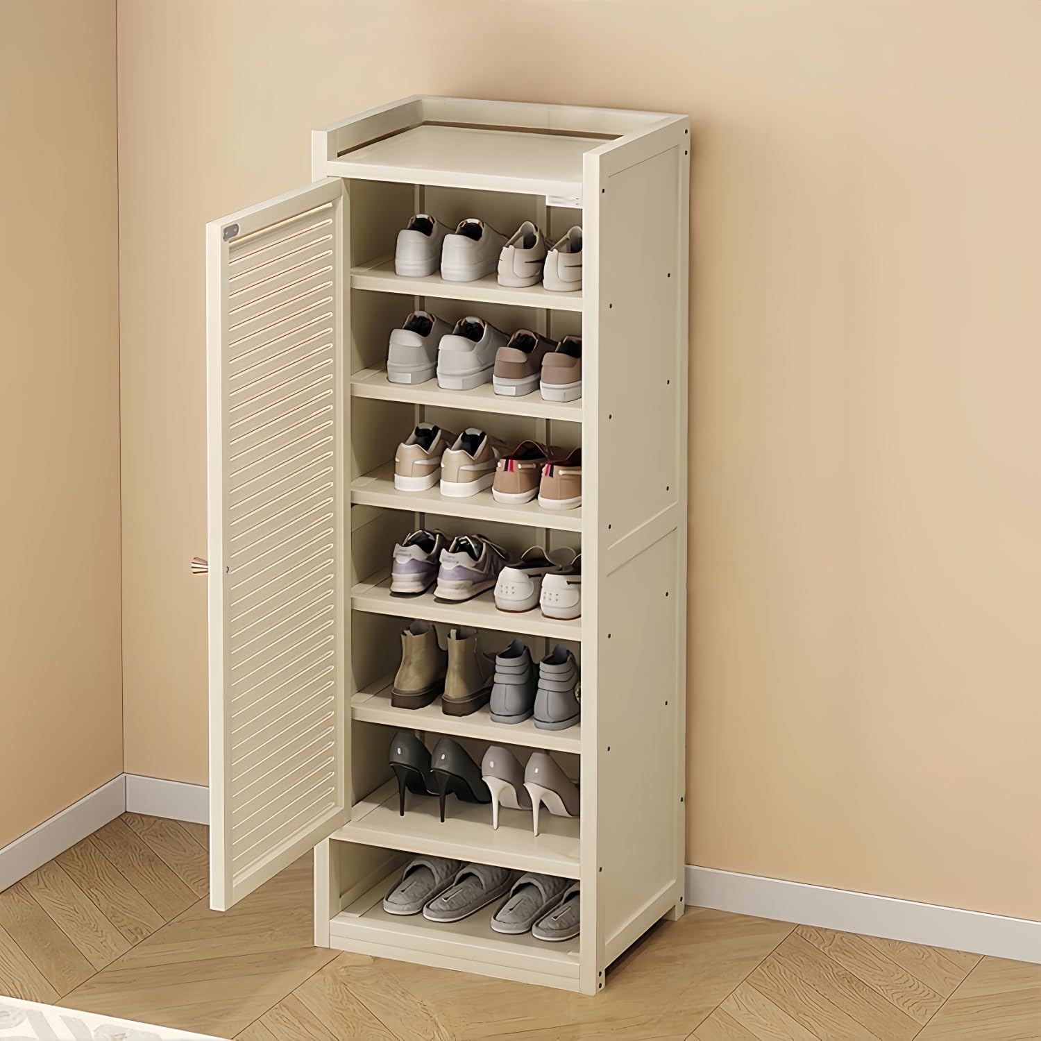 Kavie Narrow entryway Shoe Cabinet–Narrow Shoe Organizer with Ventilated Doors,Sturdy Bamboo Frame,Small Space Shoe Rack-Closed top and Open Bottom (