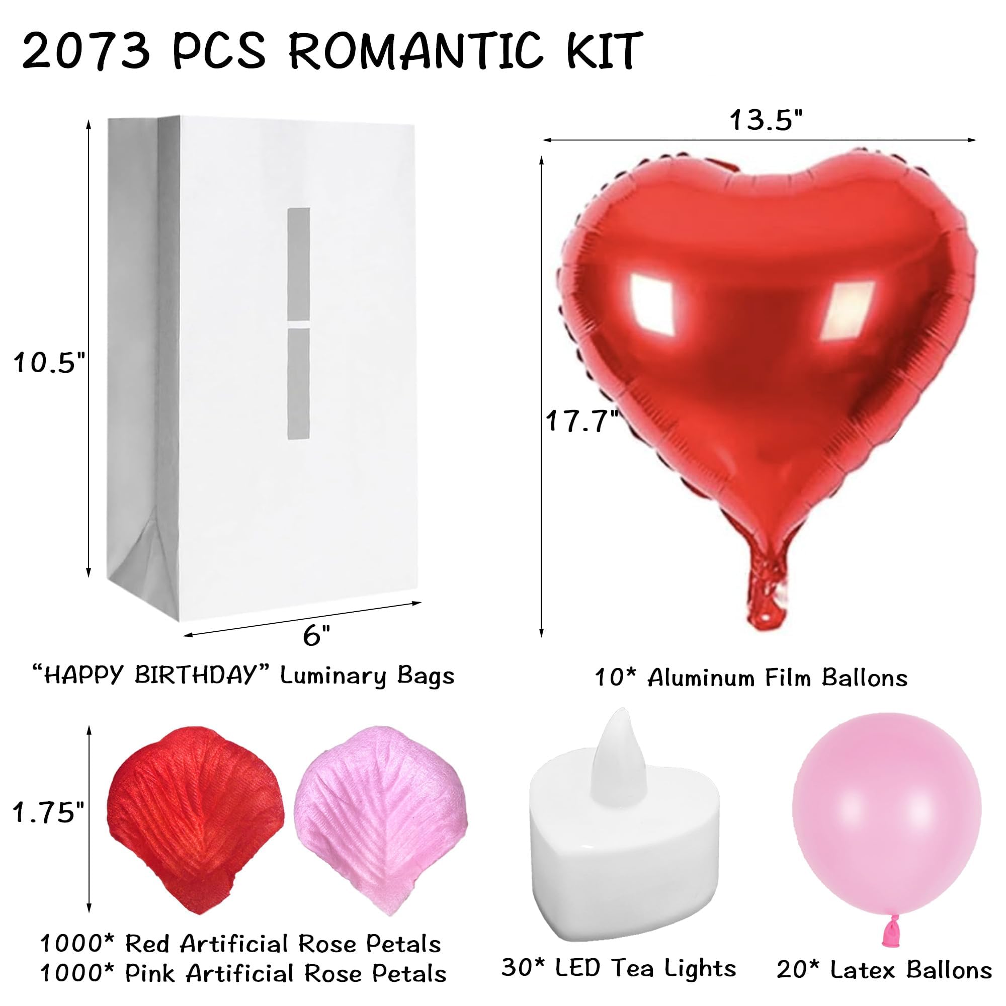 2073 piezas de decoraciones de feliz cumpleaños con letras iluminadas, velas de té, pétalos de rosa, globos de látex, globos de aluminio, bolsas luminosas, pancarta de fiesta, regalo sorpresa de