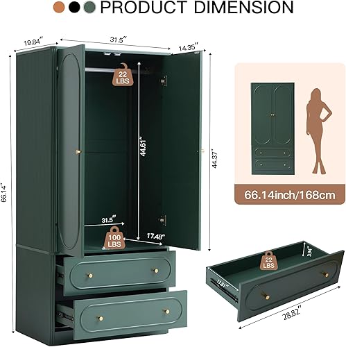 Miniatura 2 de ORRD Armario independiente acanalado con 2 puertas y 2 cajones de almacenamiento, armario de gran capacidad, armario de madera para dormitorio, sala