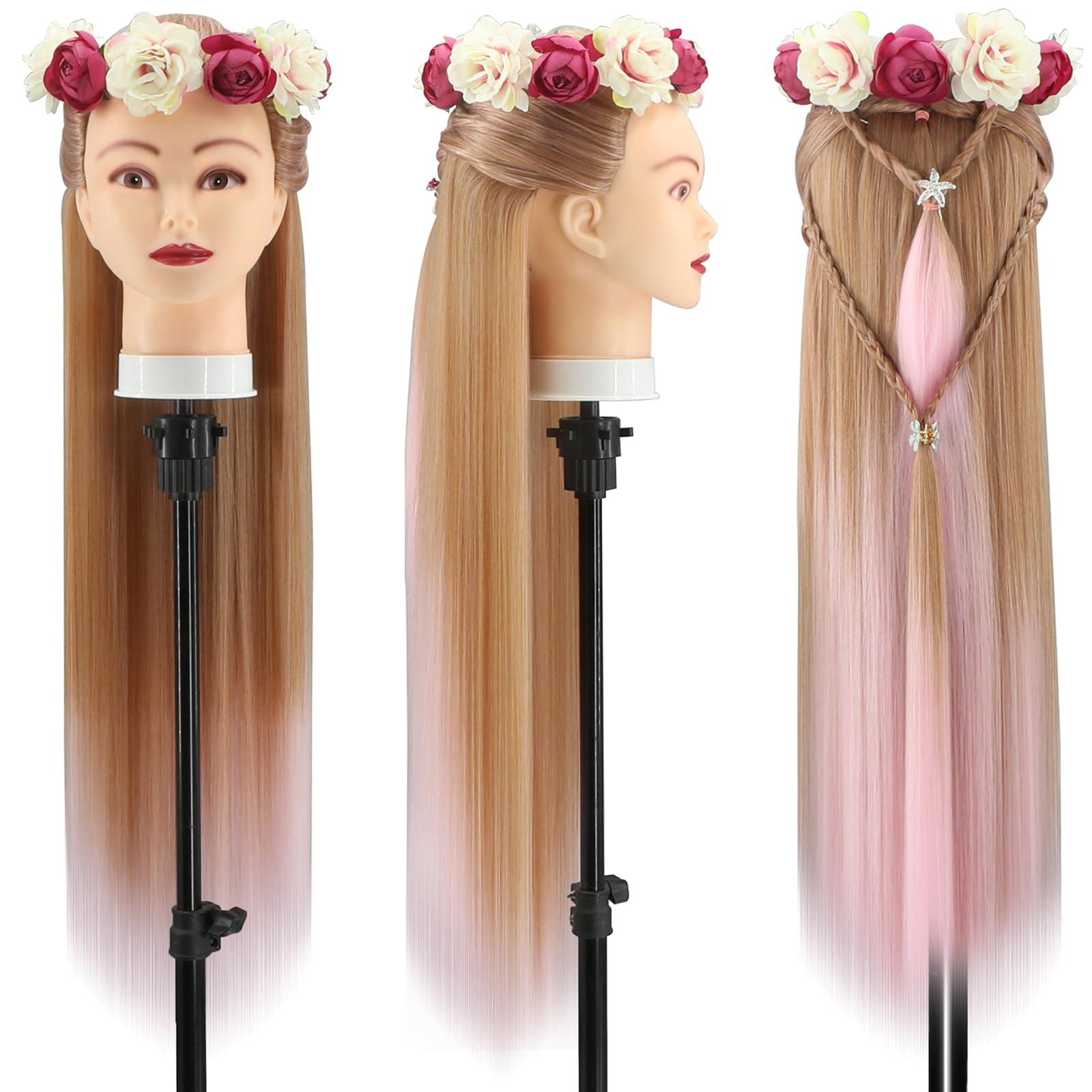 Trainingsköpfe, 28 Zoll Frisierkopf für Friseure, 100% Kunstfaser Haar Übungskopf, mit DIY Strickset und kostenlosen Tischklammern (30-Pink)