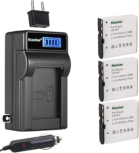 Miniatura 1 de Kastar Paquete de 3 baterías LB-060 y cargador de CA LCD compatible con Kodak PixPro AZ526, PixPro AZ527, PixPro AZ528 HP, V5060, V5060H, V5061,
