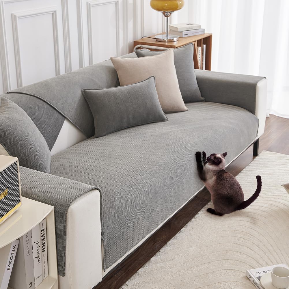 DUJUIKE Chaise Longue Sofa Cover, Herringbone Chenille Sofa Cover, Children Dogs Cats Pet Lover, Soft to the Touch, with Non-Slip Design (90 x 160 cm-Rectangular, Grey)