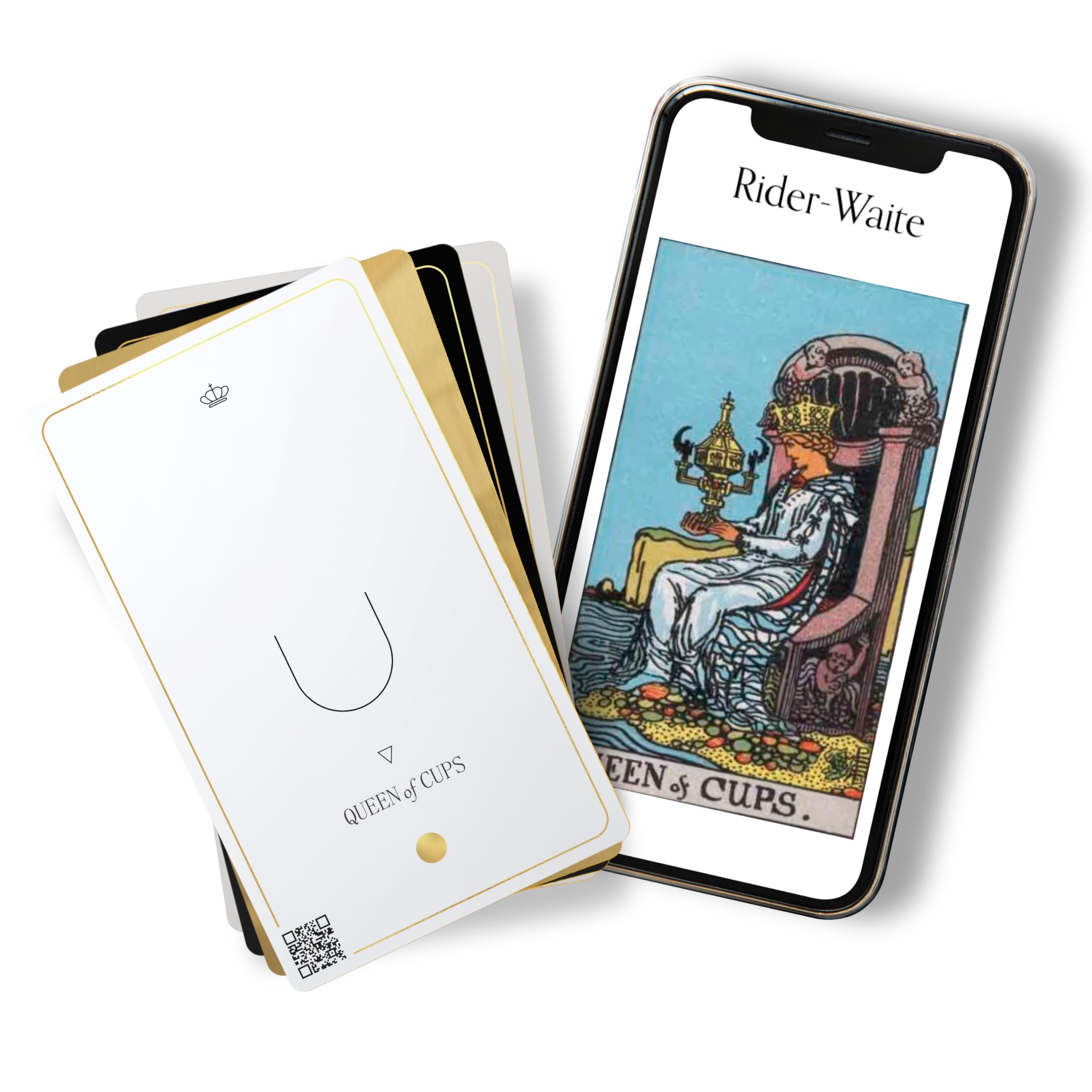 Photo 1 of QR-Enhanced Tarot Cards for Beginners & Pros. 78 Card Gold Foil Minimalist Deck with Digital Learning Experience incl. Card Meanings, Rider Waite Imagery, Digital Guide Book & Spanish Translations.