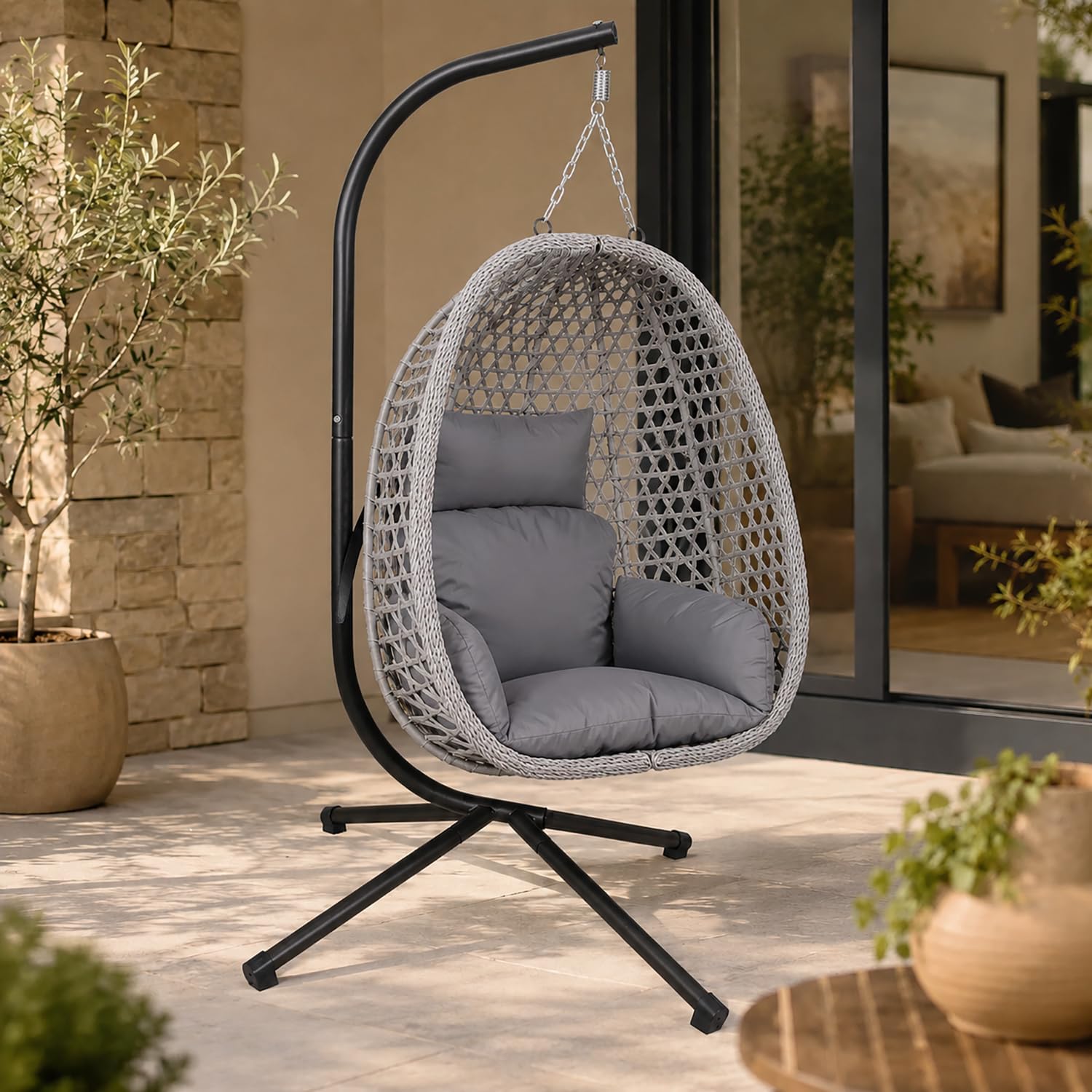 GOODS EMPORIUM Luxury Folding Hanging Rattan Egg Swing Chair Patio Garden Cocoon Relaxing Hammock with Cushions (Grey, Single)