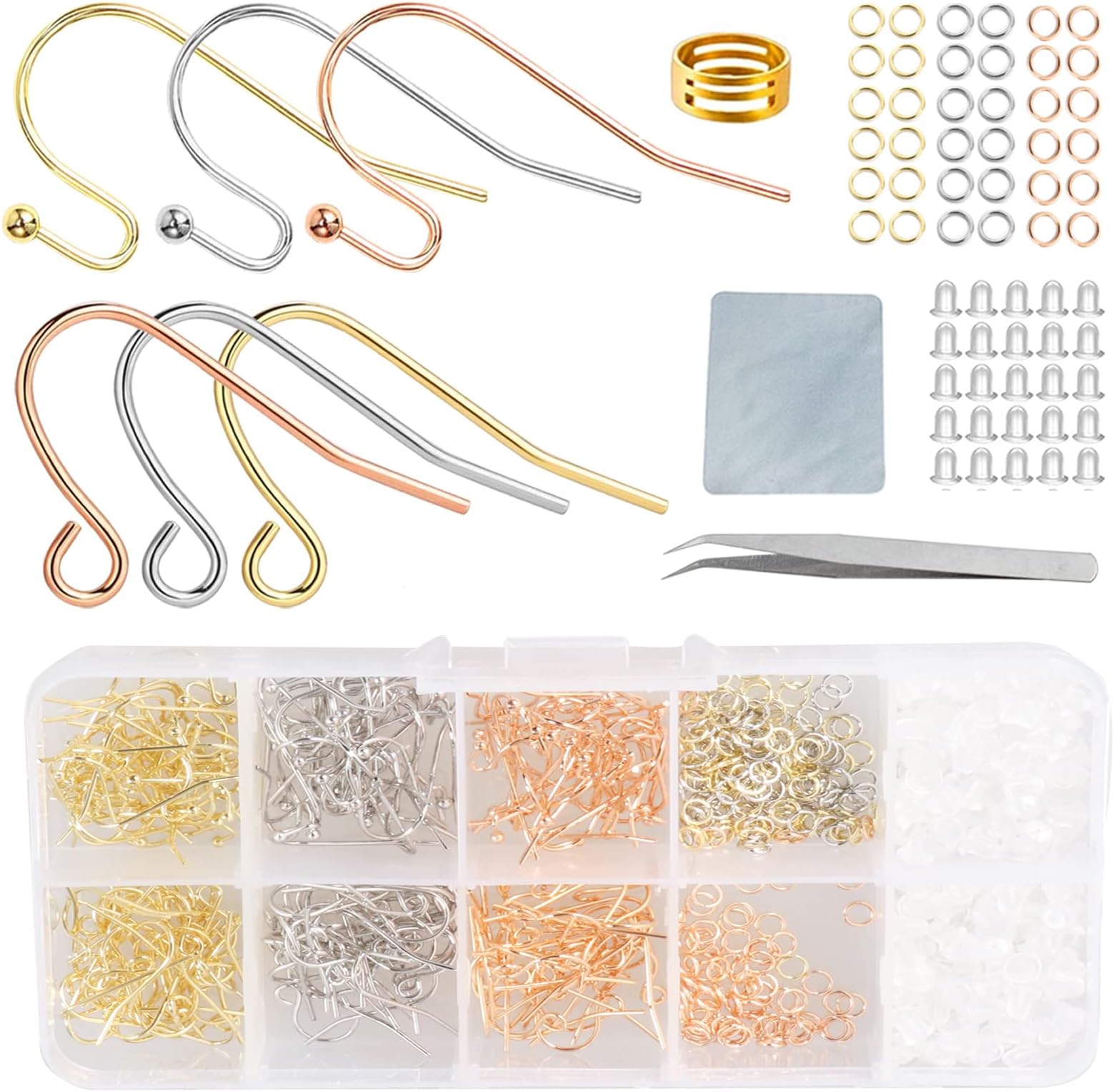 Rose Gold Earring Hooks - 630 pcs Earring Making kit with 14k Gold Hypoallergenic Earring Hooks, Jump Rings and Clear Rubber Earring Backs for DIY Jewelry Making