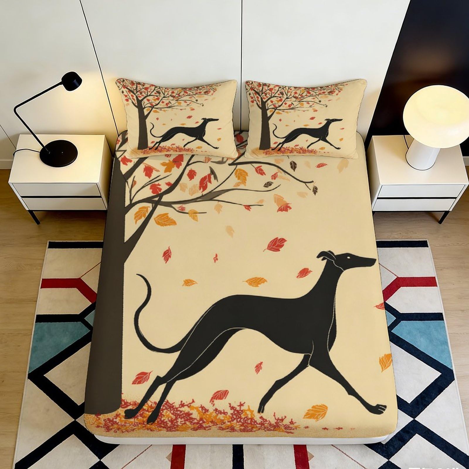 3D Printed Autumn Tree Fitted Sheet Microfiber Soft Breathable Greyhound Mattress Cover for Bedroom Guest Room Decor 90x200x25cm
