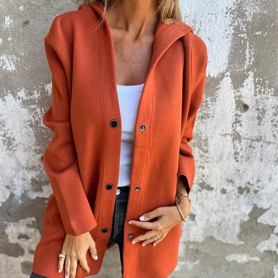 Women's Casual Jackets, Single-breasted Hooded Trench Coats, Dropped Shoulder Pockets, Button-front Coats - Image 2