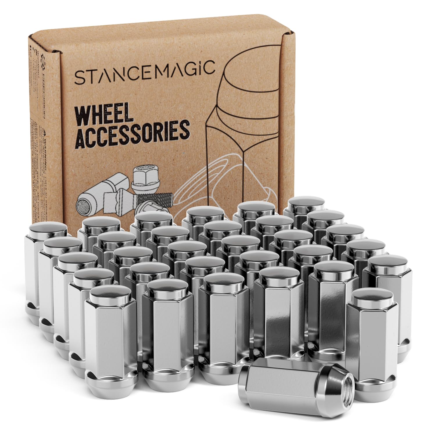 32pcs Silver Chrome Bulge 1/2x20 Lug Nuts - Conical Cone Taper Acorn Seat Closed End Extended - 1.8 inch Length - Compatible with Dodge Chevy Ford with 8lugs - Install with 19mm or 3/4 inch Hex Socket