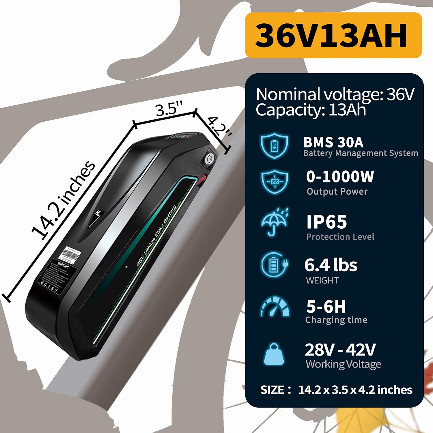 48V/36V Lithium ebike Battery 13Ah/20Ah, Built in 30ABMS, Including Charger, XT60 Connecting Cable, for 100W-1500W Electric Bicycles, E-Motorcycles and DIY Projects (36V13AH)