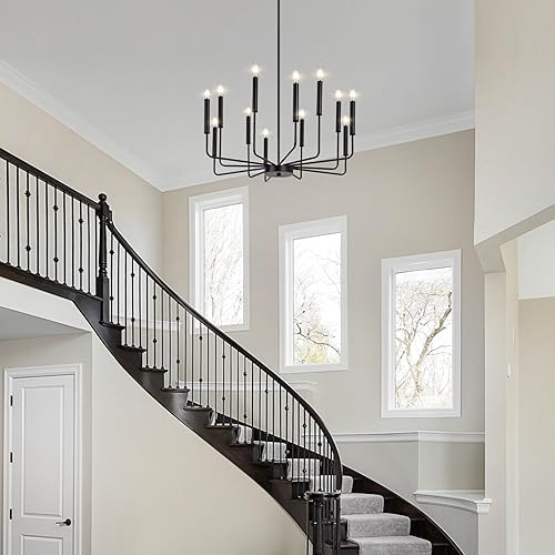 Miniatura 2 de Qamra Candelabro negro moderno de granja para comedor, lámpara de araña de 12 luces, candelabro colgante industrial rústico para sala de estar,