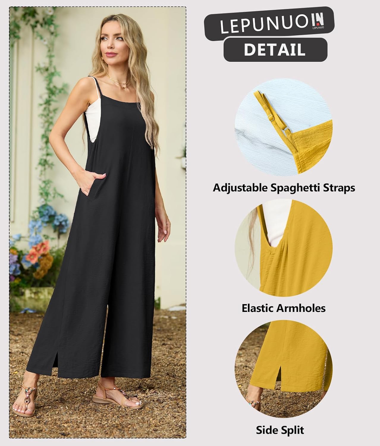 Lepunuo Womens Casual Loose Jumpsuits Summer Boho Wide Leg Rompers Sleeveless Overalls with Pockets - Image 2