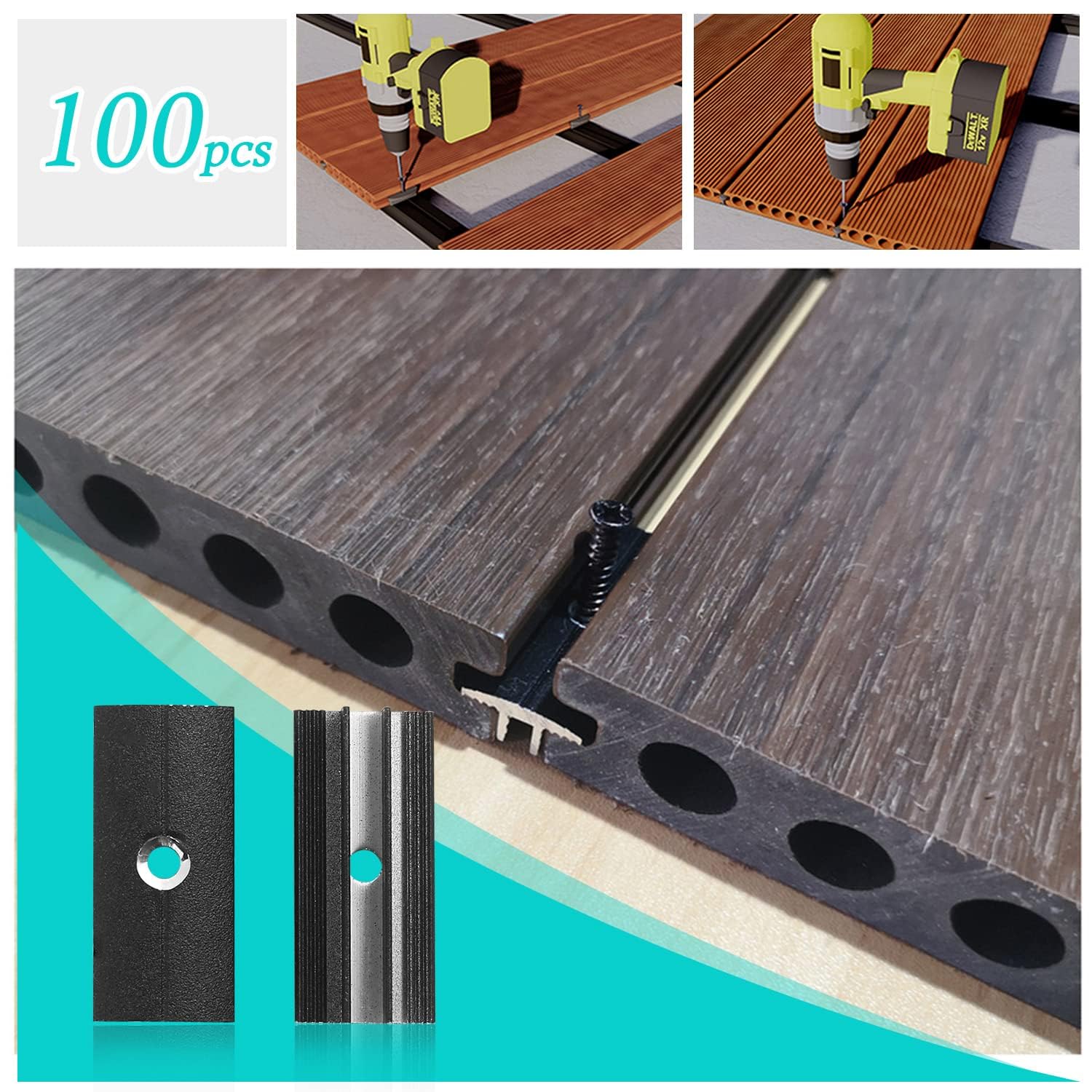 100Stk Aluminiumlegierung Terrassenclips Befestigungs Clips Versteckt Abstandshalter Clips mit 100 Schrauben für WPC/BPC, Bambusholzboden Verschluss