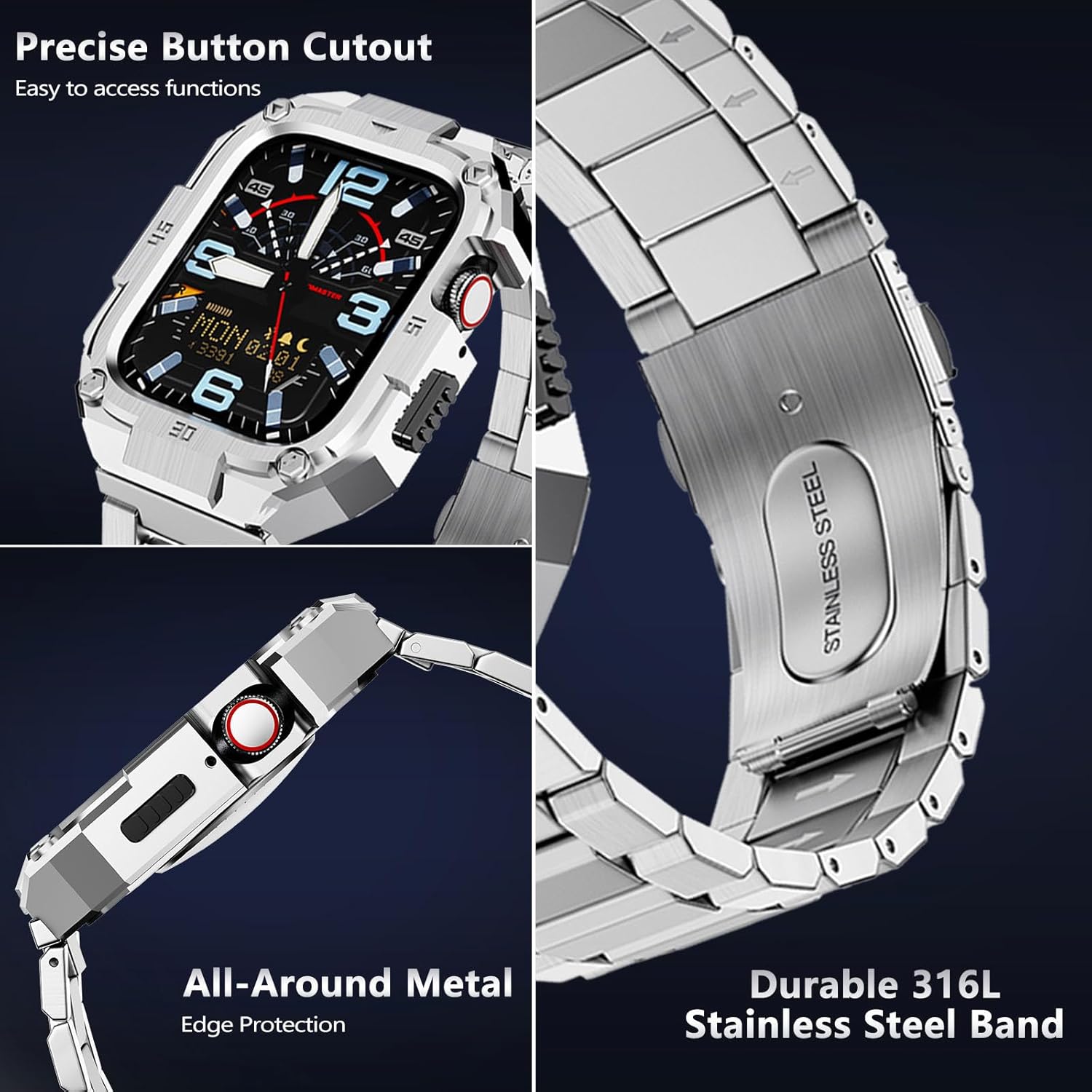 MOFREE Stainless Steel Watch Band with Case Compatible for Apple Watch Series 10 46mm for Men, Rugged Strap with Metal Protective Bumper Cover for iWatch 10 46mm Bands Men Silver - Image 5
