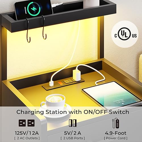 Miniatura 5 de VIAGDO Nightstand with Charging Station and LED Lights, Black Bedside Night Stands with 2 Drawers and Open Storage Shelves, Modern End Side Tables
