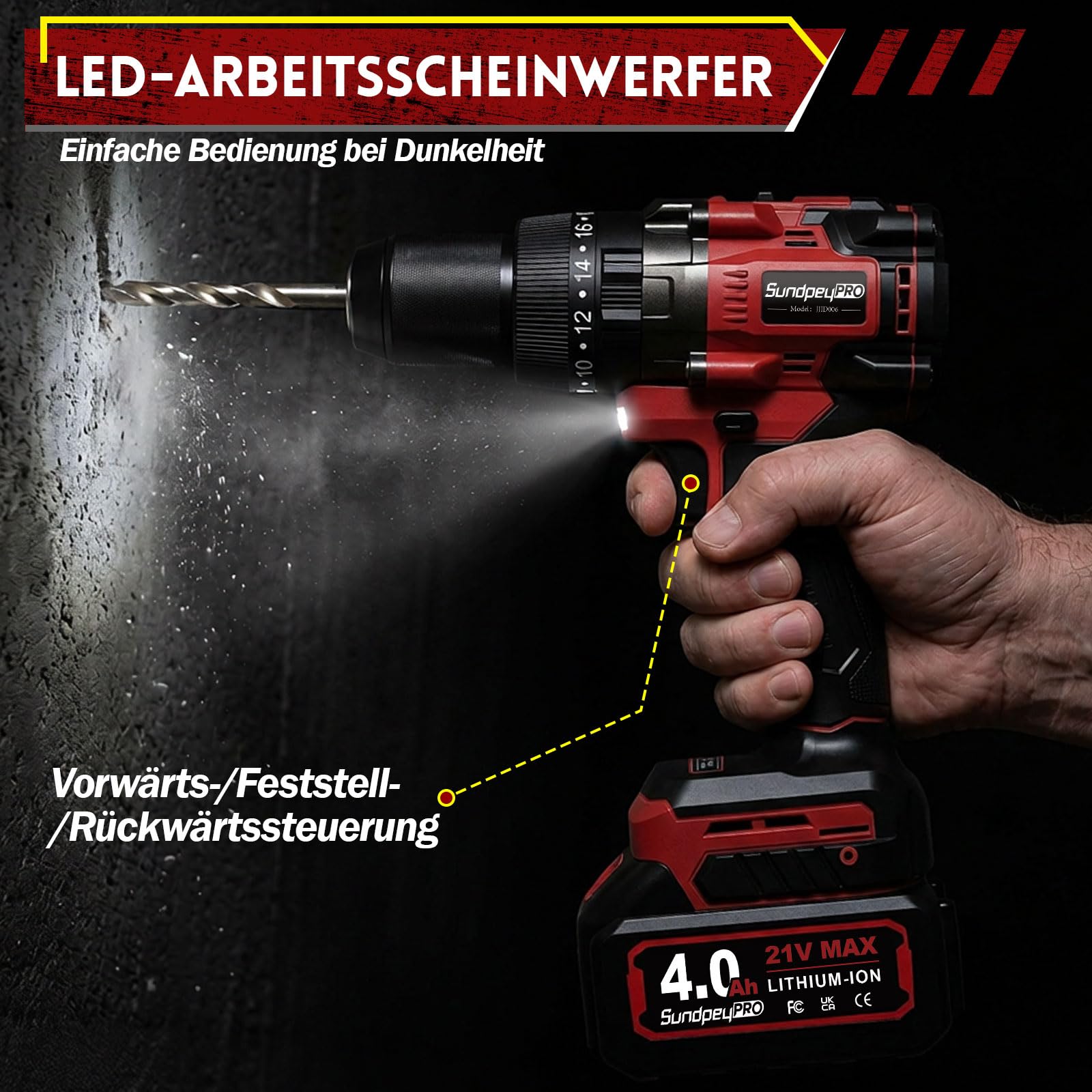 Trapano Avvitatore a Batteria 21V Brushless 130Nm con Batteria 4.0Ah, Trapano Avvitatore a Percussione, 20+3 Coppie, 13mm Mandrino, 2 Velocità, per Forare, Avvitare