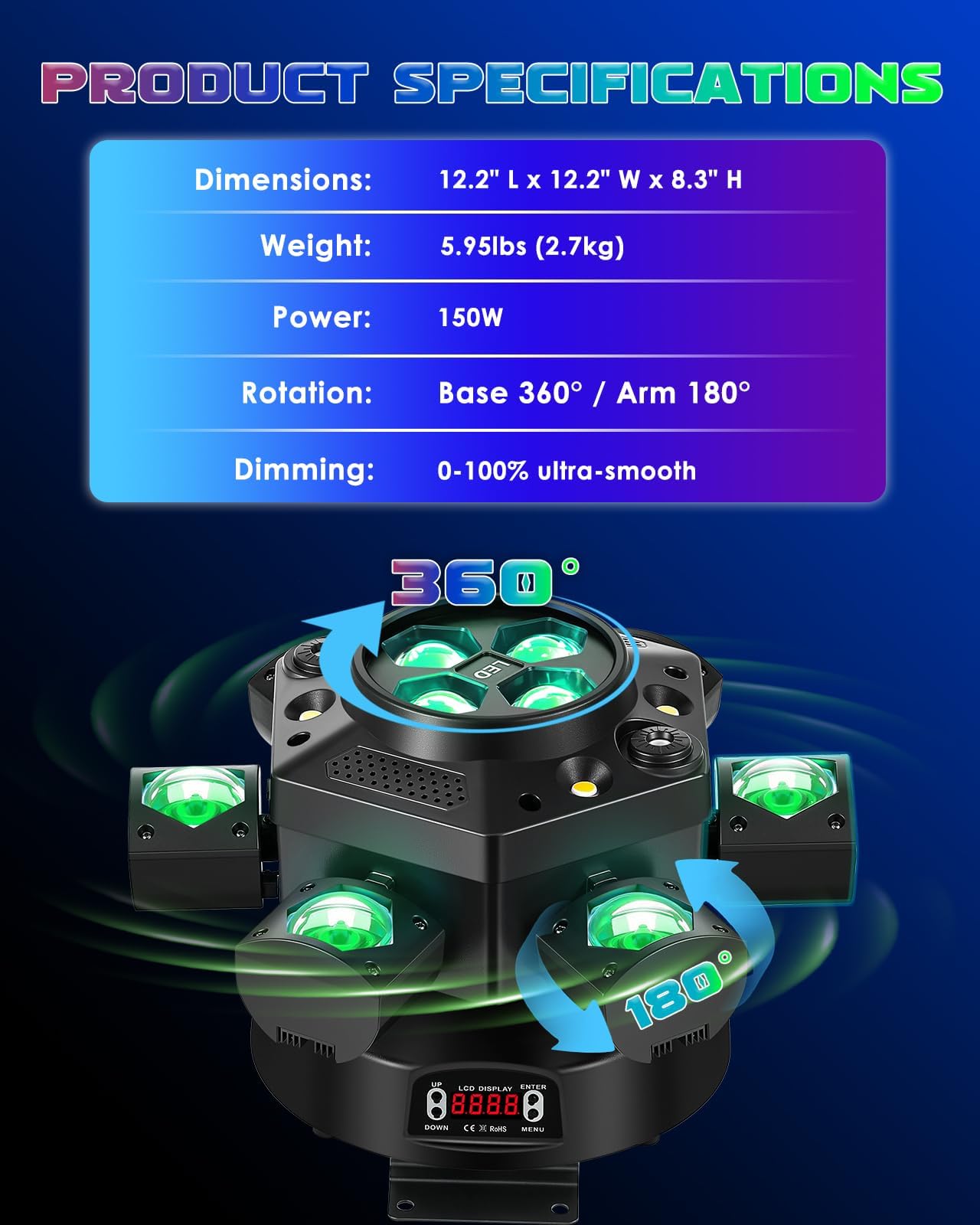 Tête mobile pour DJ 150W RGBW 6 bras faisceau & LED œil d’abeille
