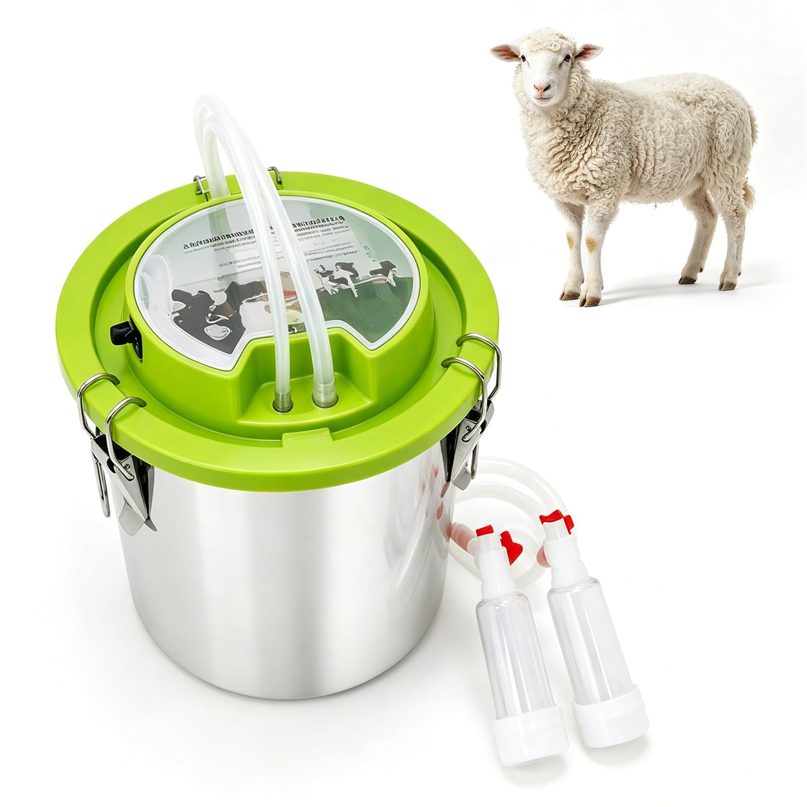 richigblosmum Portable Goat Milker for Cows & Goats, Integrated 48W Pulsation Pump Milking Machine, Auto Full Bucket Shut-Off, 8L–16L Farm Dairy Equipment Sheep-8L