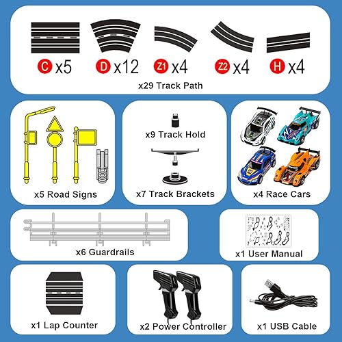 Miniatura 5 de Juegos de pista de carreras de coches eléctricos con 4 autos de alta velocidad 143 con faros, 2 controladores de mano, contador de regazo de juego