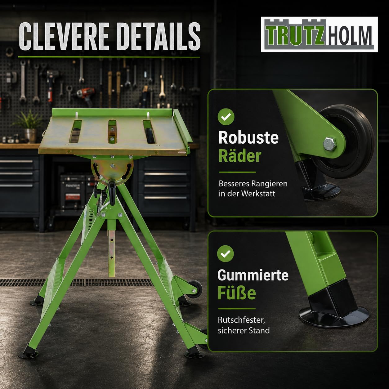 TRUTZHOLM mobiler Schweißtisch klappbar höhenverstellbar von 77-92 cm, 150 Kg, große Arbeitsplatte, stufenlose Neigung bis 90° Profi Werktisch Werkbank mit Rädern und Tragegriff, platzsparend