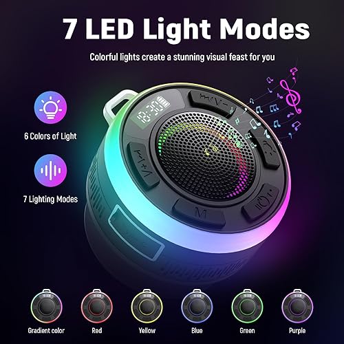 Miniatura 3 de Altavoz de ducha, certificado IP7 impermeable, mini altavoz inalámbrico Bluetooth pequeño con luces, ventosa y micrófono para baño, tiempo de