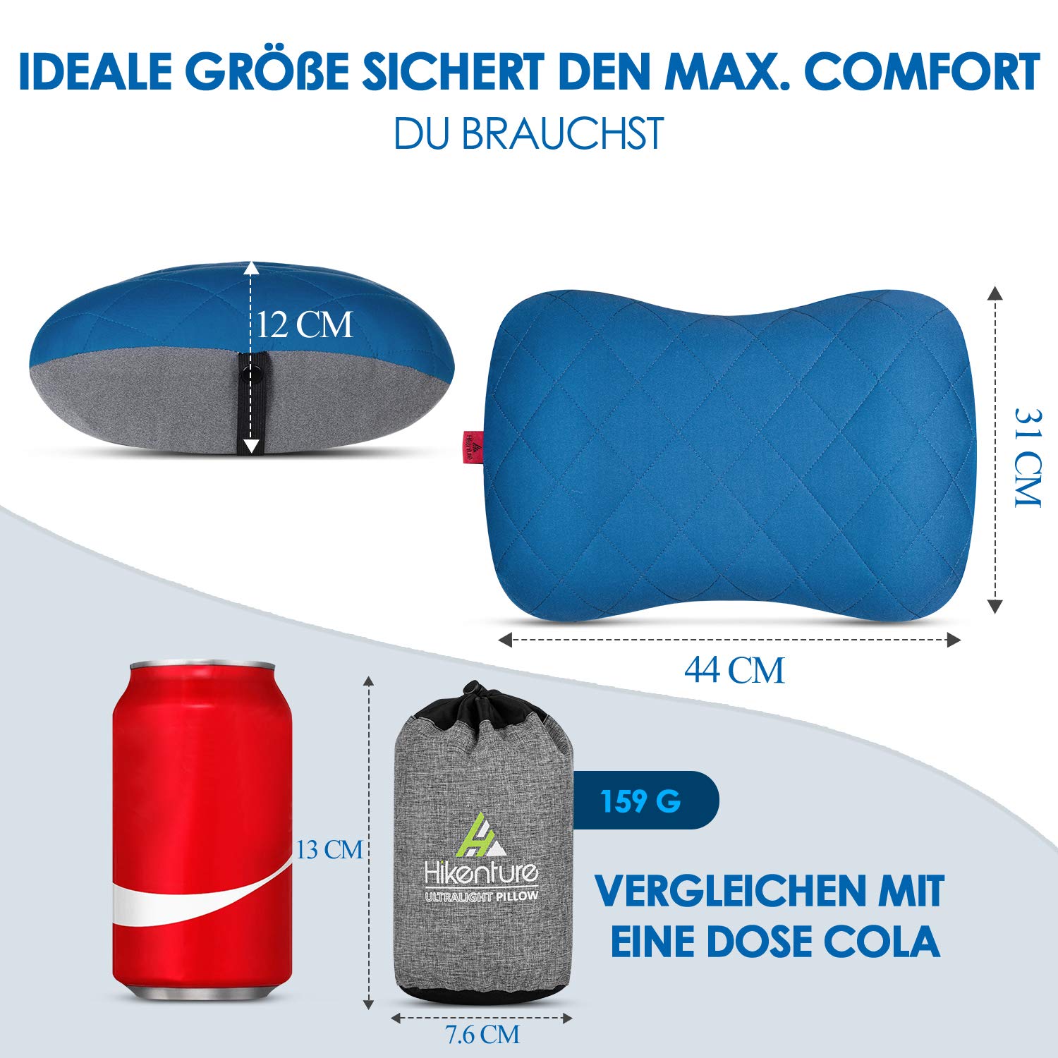 HIKENTURE nadmuchiwana poduszka kempingowa/podróżna ze zdejmowaną poszewką na poduszkę, ergonomiczna poduszka pod głowę, wygodna poduszka na kark do podróży / na zewnątrz (niebieska), rozmiar uniwersalny
