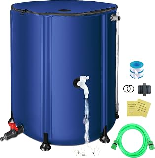 SKM Collapsible Rain Barrel, PVC Rain Water Collection System and Water Tank for Outdoor/Garden/Lawn, Portable Rain Water Collection Barrel Container with Spigots & Overflow Kit, 53Gallon, Blue