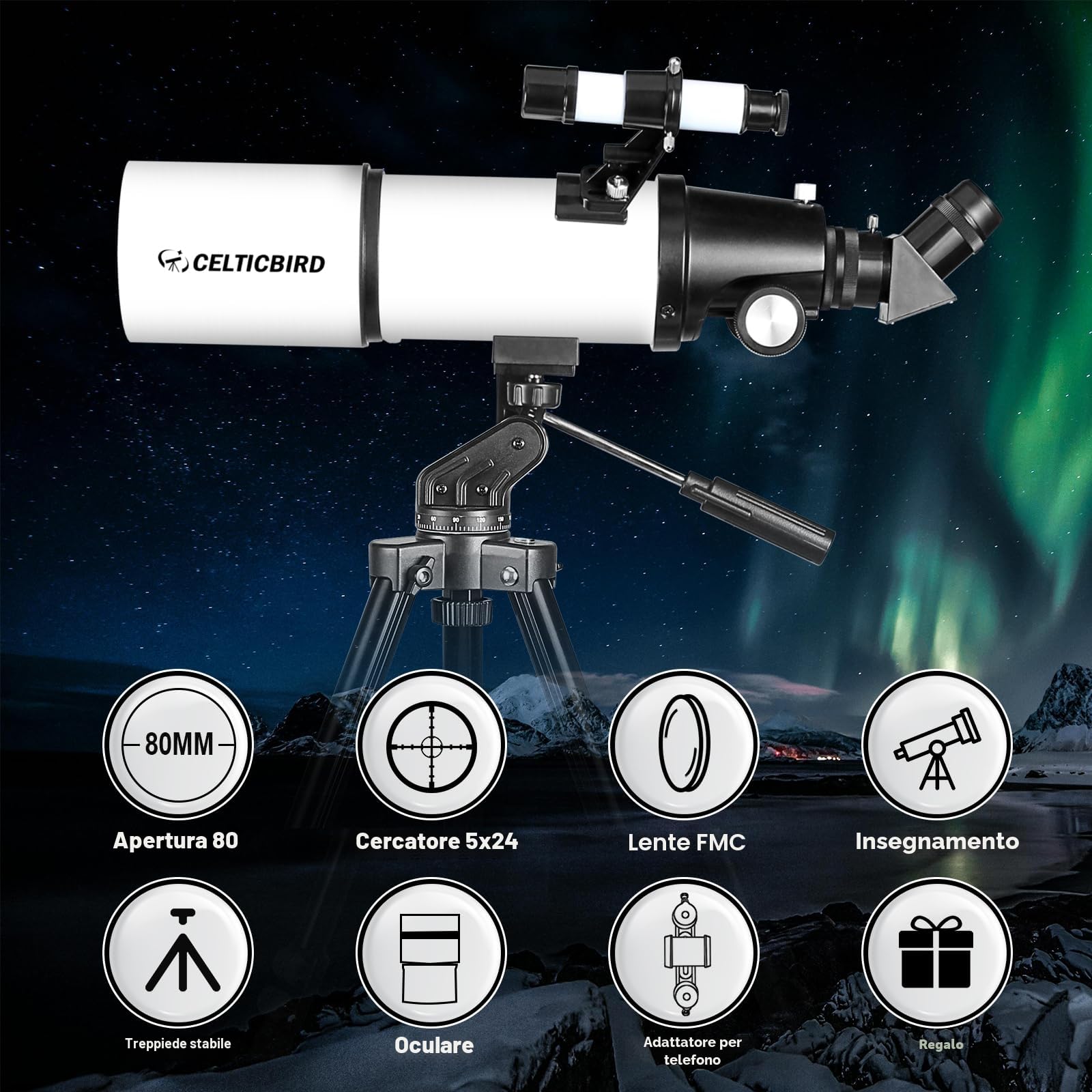CELTICBIRD Telescopio 80AZ per adulti, telescopi da viaggio ad alta potenza per principianti dell'astronomia, telescopio rifrattore da 80 mm di apertura e 600 mm di lunghezza focale con montatura AZ
