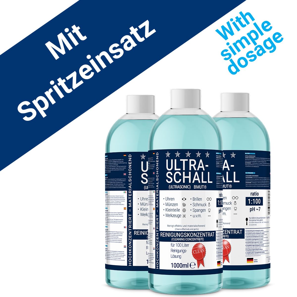 Lot de 2 nettoyants à ultrasons concentrés de 1000 ml | Liquide | pour lunettes, montres, bijoux, prothèses dentaires, etc. dans un bain à ultrasons