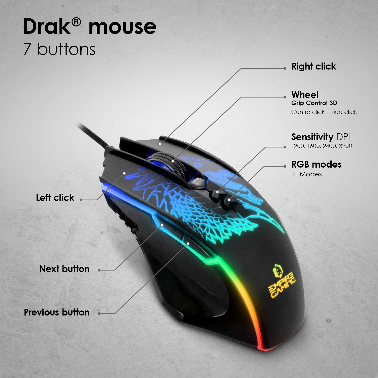 EMPIRE GAMING - Drak Fury Keyboard and Mouse Pack English – Smartphone Holder - 19 Anti-Ghosting Keys – 12 Multimedia Shortcuts - 7 3200 DPI Buttons– 11 LED RGB Back Lighting Modes – Wired USB