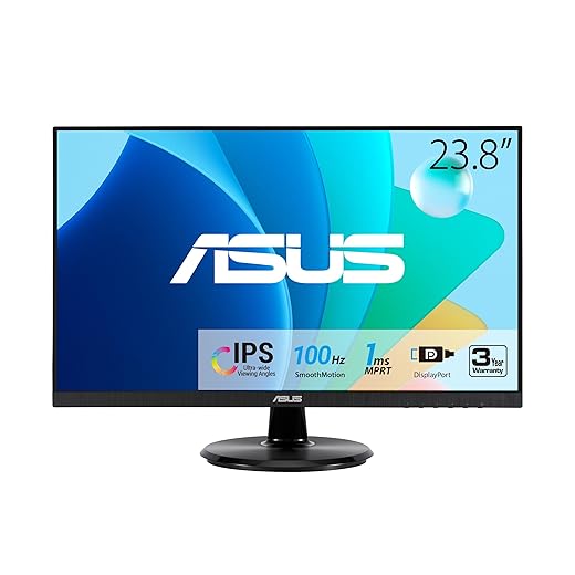ASUS 24” (23.8-inch viewable) 1080P Eye Care Monitor (VA24DQF) - IPS, Full HD, Frameless, 100Hz, 1ms, Adaptive-Sync, for Working and Gaming, Low Blue Light, Flicker Free, DisplayPort, 3 Year Warranty