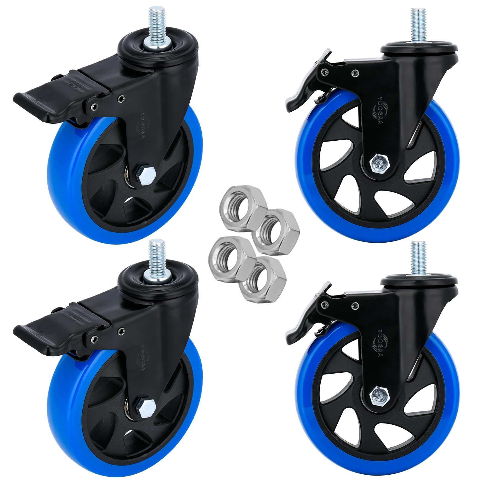 Heavy Duty Stem Caster Wheels 5 inch Locking Threaded Stem Casters Set of 4 Stem Size 1/2"-13 x 1 No Noise Swivel Casters Industrial Castor Wheels for