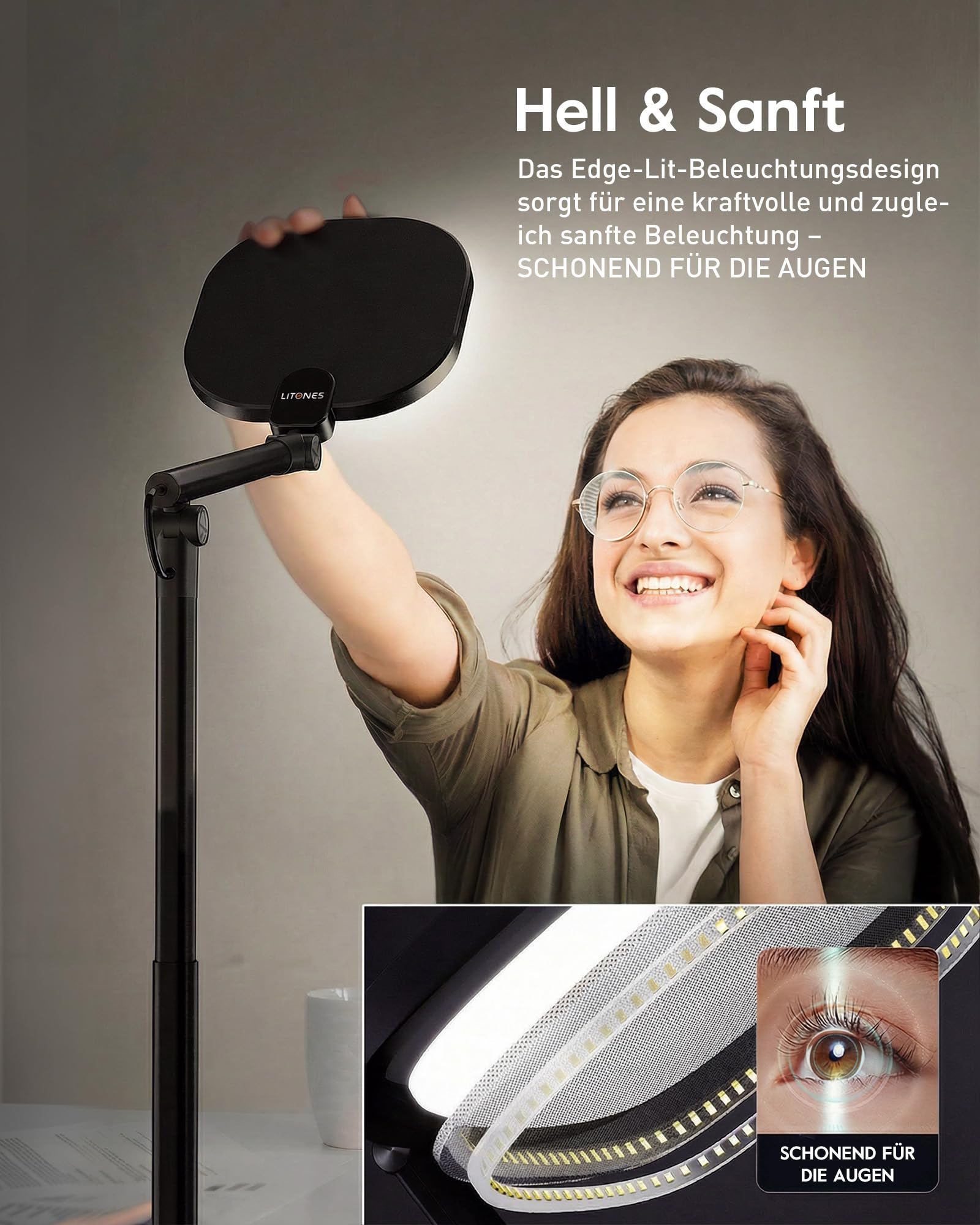 LitONES LED Schreibtischlampe mit Sockel, hohe dimmbare Tischlampe mit 50 Leuchtmodi sowie Speicher- und Timer-Funktion, Bürolampe für Videokonferenzen, Architekten oder zum Lernen [Energieklasse A]